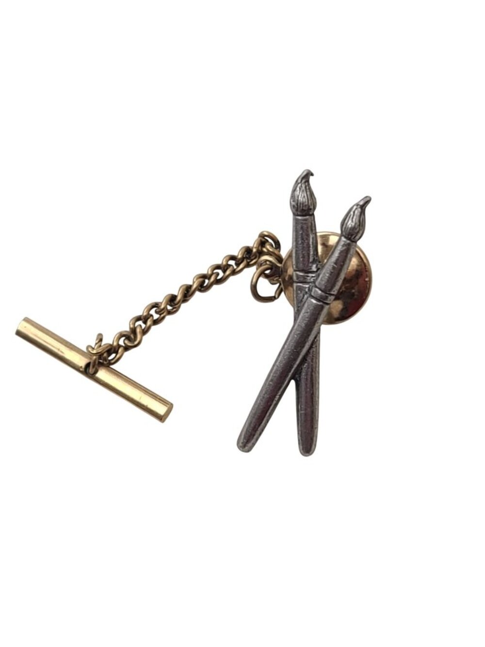 Jim Clift Pewter Crossed Paintbrush Tie Tack Artist Lapel Pin Dante Chain T Bar